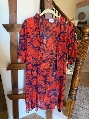 LuLaRoe Red Floral Swim Coverup on Navy